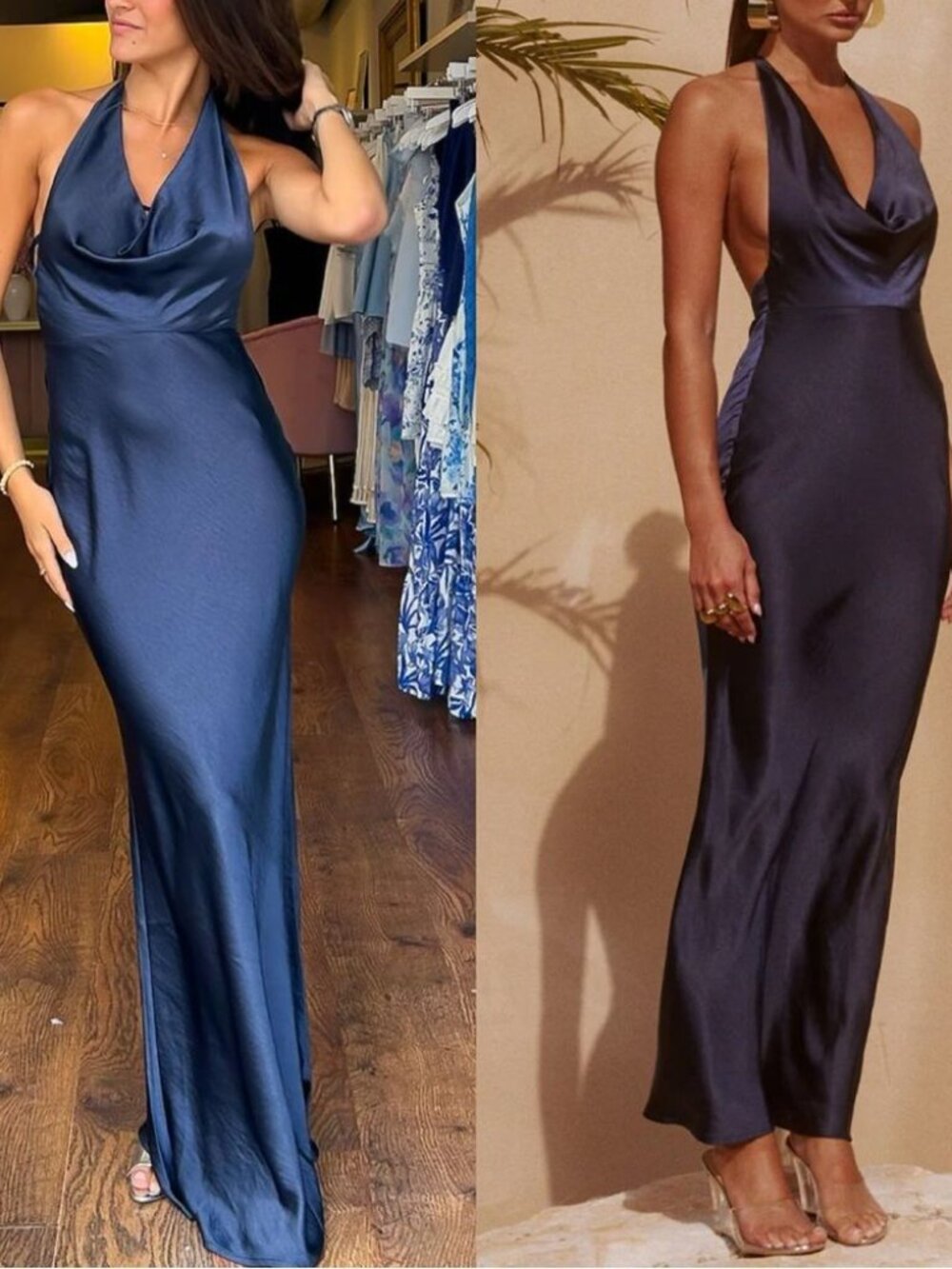 Runaway the Label Maxi Dress Navy Blue Satin Cowl Halter Slip Posey size M